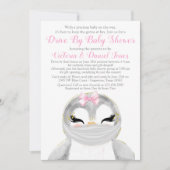 ベビーシャワーでマスクをドライブしたかわいいペンギン 招待状 (正面)