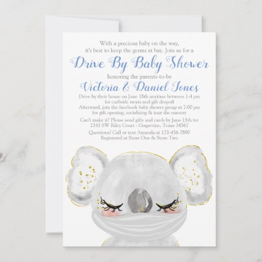 ベビーシャワーでマスクをドライブする少年コアラ 招待状 (正面)