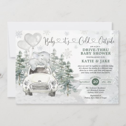 ベビーシャワーで冬の象の雪の森をドライブ 招待状 (正面)