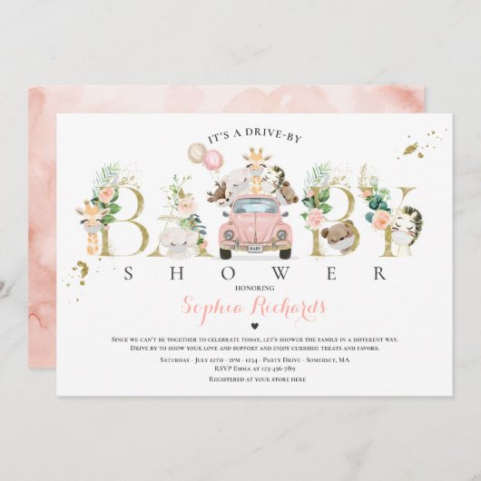 ベビーシャワーで動くサファリ動物の緑の金ゴールド 招待状 (正面/裏面)