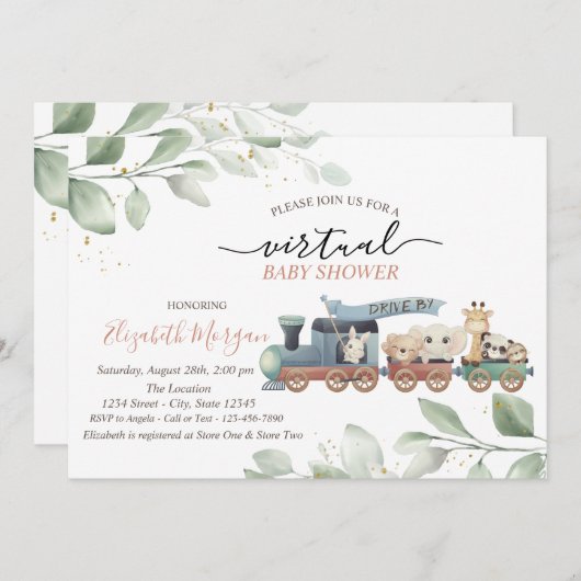 ベビーシャワーで動物をバーチャルに運転する 招待状 (正面/裏面)