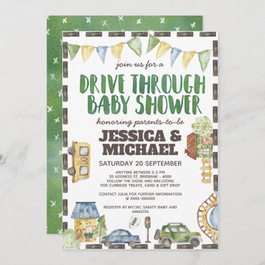 ベビーシャワーで水彩画をドライブ 招待状 (正面/裏面)