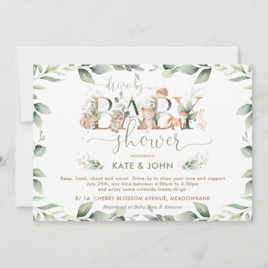 ベビーシャワーで緑を増す森林動物 招待状 (正面)