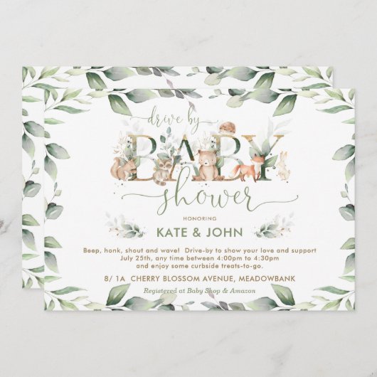 ベビーシャワーで緑を増す森林動物 招待状 (正面/裏面)