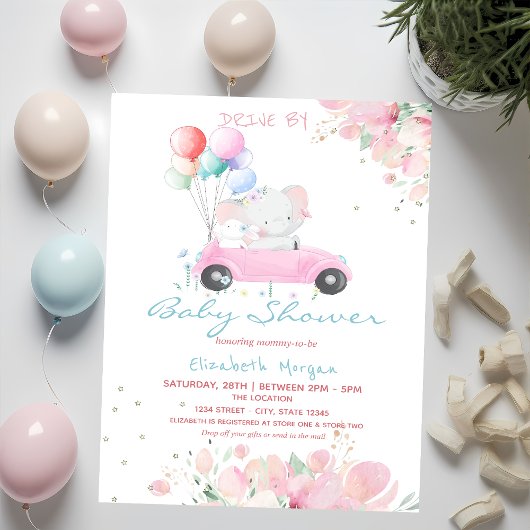 ベビーシャワーで車のバルーンフローラドライブ 招待状
