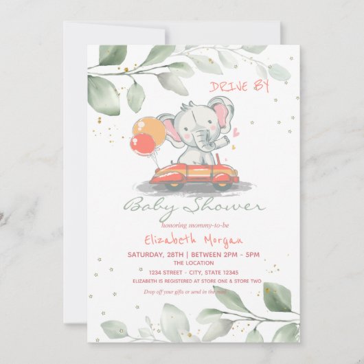 ベビーシャワーで車の中の象のフローラドライブ 招待状 (正面)