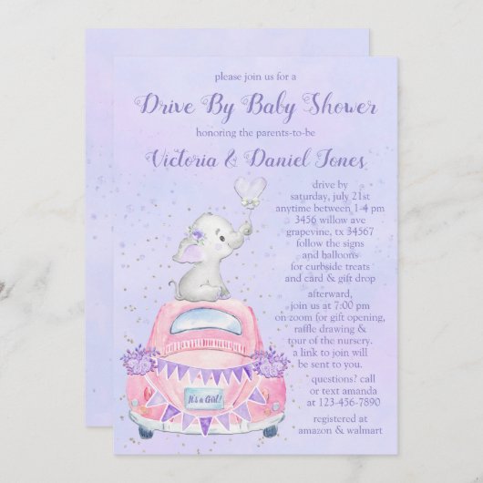 ベビーシャワーで車を運転する女の子パープルゾウ 招待状 (正面/裏面)