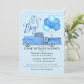 ベビーシャワーで車を運転する少年トラックの風船 招待状 (スタンド正面)