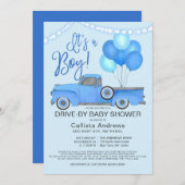 ベビーシャワーで車を運転する少年トラックの風船 招待状 (正面/裏面)