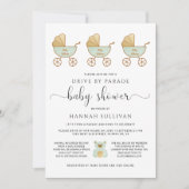 ベビーシャワーで車を運転する |レトロキャリッジグリーン金ゴールド 招待状 (正面)