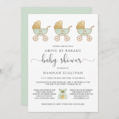 ベビーシャワーで車を運転する |レトロキャリッジグリーン金ゴールド 招待状 (正面/裏面)