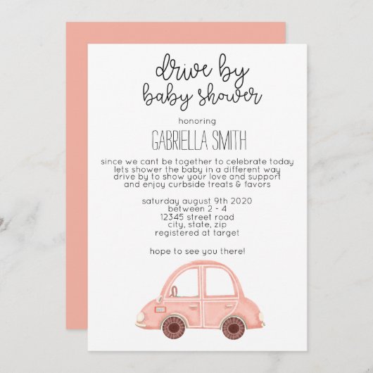 ベビーシャワーで車を運転する 招待状 (正面/裏面)