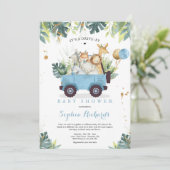 ベビーシャワーで運転するサファリの動物緑の金ゴールド 招待状 (スタンド正面)