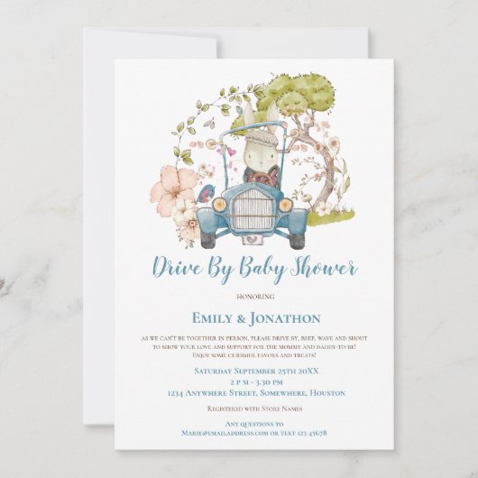 ベビーシャワーで運転するヴィンテージカーバニーの葉の少年 招待状 (正面)