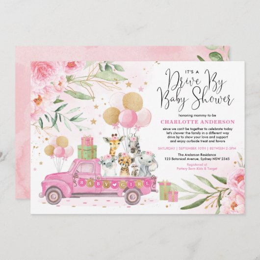 ベビーシャワーで運転する少女ジャングルサファリの動物 招待状 (正面/裏面)