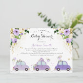 ベビーシャワーで運転する薄紫金ゴールドフローラベビーシャワー 招待状 (スタンド正面)