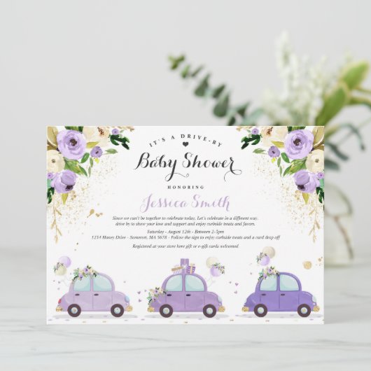 ベビーシャワーで運転する薄紫金ゴールドフローラベビーシャワー 招待状 (スタンド正面)