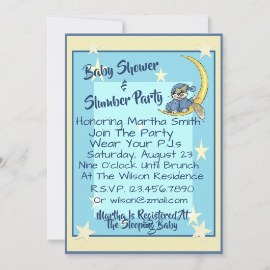 ベビーシャワーとスランバーパーティーW/Moon, Stars, & Cat 招待状 (正面)