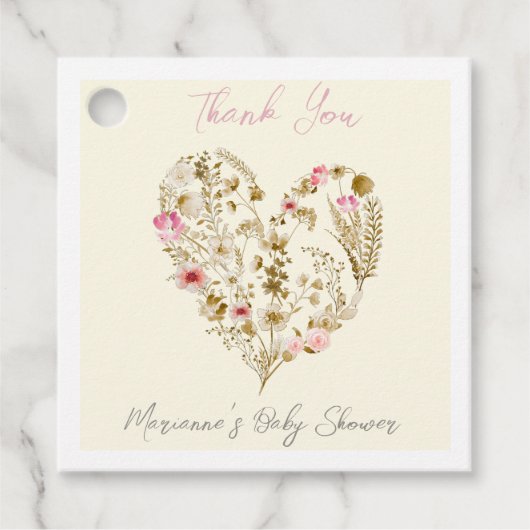 ベビーシャワーにおける水色フローラハートベビー フェイバータグ (正面)