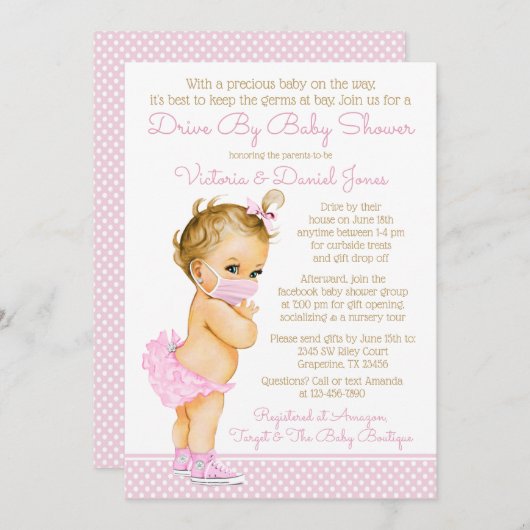 ベビーシャワーによるマスク付きベビーガール 招待状 (正面/裏面)