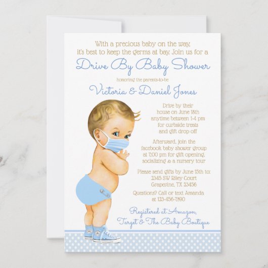 ベビーシャワーによるマスク駆動付男の赤ちゃん 招待状 (正面)