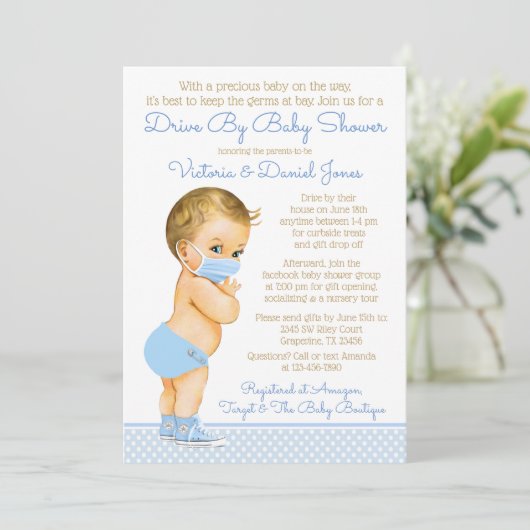 ベビーシャワーによるマスク駆動付男の赤ちゃん 招待状 (スタンド正面)