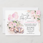 ベビーシャワーによるヴィンテージカーピンク金ゴールドフローラドライブ 招待状 (正面)