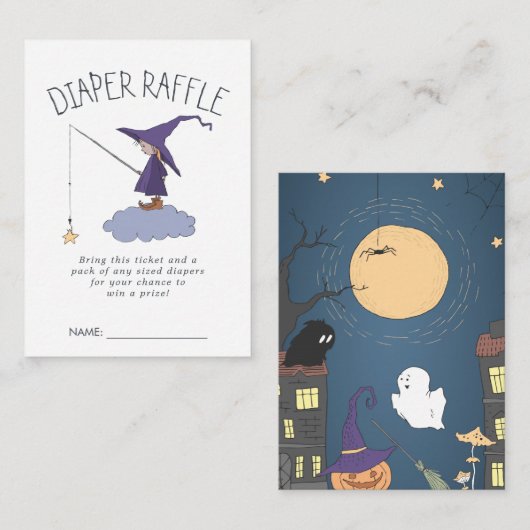 ベビーシャワーのおむつのラッフルは|の小さい魔法使いに札をつけます エンクロージャーカード (正面/裏面)