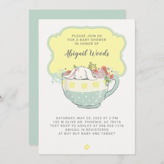 ベビーシャワーのお茶会の白のウサギ 招待状 (正面/裏面)