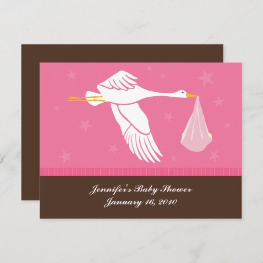 ベビーシャワーのこうのとりの登録カード-ピンクおよびブラウン 招待状 (正面/裏面)