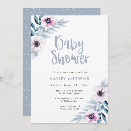 ベビーシャワーのご招待 青紫の花 招待状 (正面/裏面)