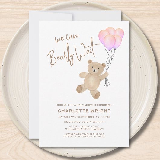 ベビーシャワーのための女の子のグッズ We Can Bearly Wait 招待状