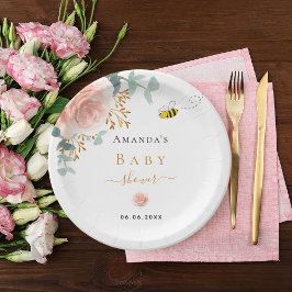 ベビーシャワーのまわりにピンクのフローラ緑の女の子 ペーパープレート