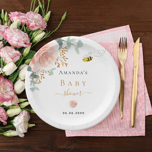 ベビーシャワーのまわりにピンクのフローラ緑の女の子 ペーパープレート