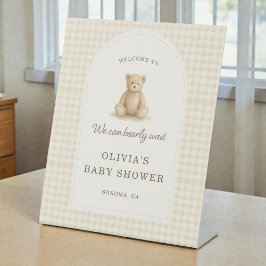 ベビーシャワーのウェルカムサイン We Can Bearly Wait 台座サイン