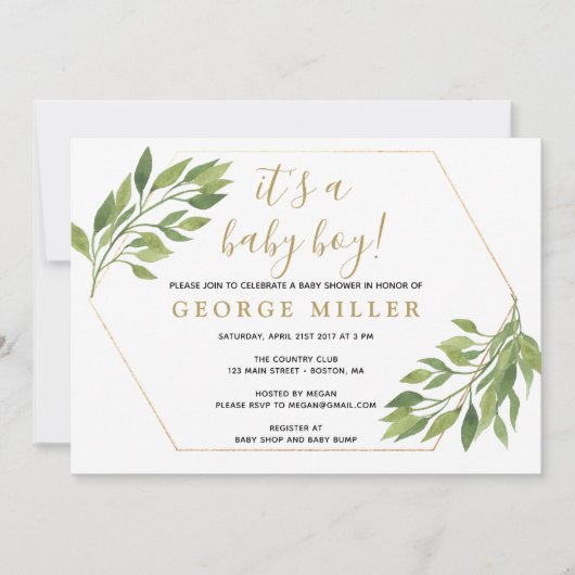 ベビーシャワーのエレガントな緑の草木および金ゴールドの招待 招待状 (正面)