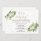 ベビーシャワーのエレガントな緑の草木および金ゴールドの招待 招待状 (正面/裏面)