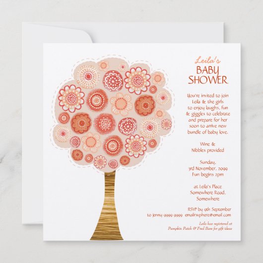 ベビーシャワーのオレンジ花の木のカスタムの招待状 招待状 (裏面)