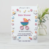 ベビーシャワーのカード（ベビーカーとキュートなアイコン付き） 招待状 (スタンド正面)