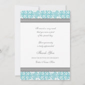 ベビーシャワーのサンキューカードのティール（緑がかった色）の灰色のダマスク織 サンキューカード (裏面)