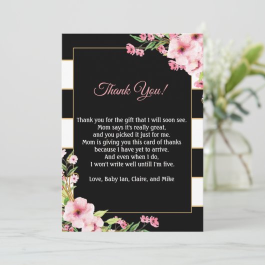ベビーシャワーのサンキューカードのノートのピンクによっては黒が開花します サンキューカード (スタンド正面)