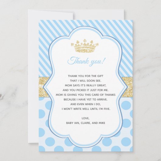 ベビーシャワーのサンキューカードのノートの王子Blue Gold サンキューカード (正面)