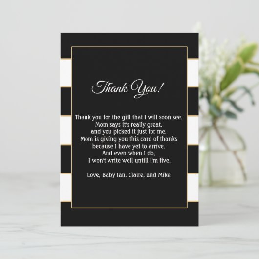 ベビーシャワーのサンキューカードのノートの金ゴールドの白い黒 サンキューカード (スタンド正面)