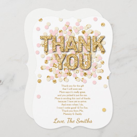 ベビーシャワーのサンキューカードの紙吹雪の金ゴールドのピンクの女の子 サンキューカード (正面/裏面)