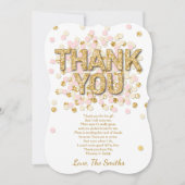 ベビーシャワーのサンキューカードの紙吹雪の金ゴールドのピンクの女の子 サンキューカード (正面)