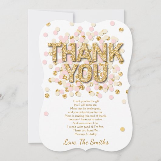 ベビーシャワーのサンキューカードの紙吹雪の金ゴールドのピンクの女の子 サンキューカード (正面)
