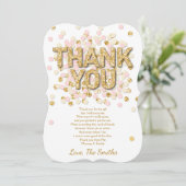 ベビーシャワーのサンキューカードの紙吹雪の金ゴールドのピンクの女の子 サンキューカード (スタンド正面)
