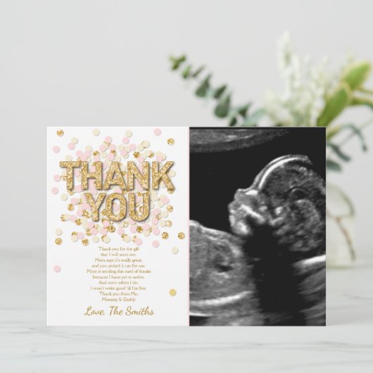 ベビーシャワーのサンキューカードの紙吹雪の金ゴールドのピンクの女の子 サンキューカード (スタンド正面)