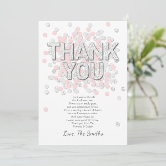 ベビーシャワーのサンキューカードの紙吹雪の銀のピンク サンキューカード (スタンド正面)