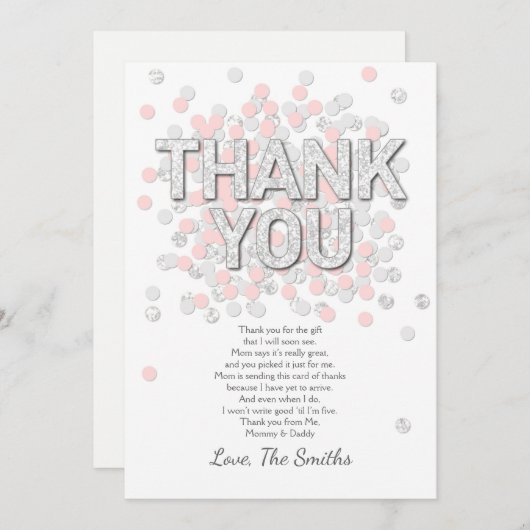 ベビーシャワーのサンキューカードの紙吹雪の銀のピンク サンキューカード (正面/裏面)